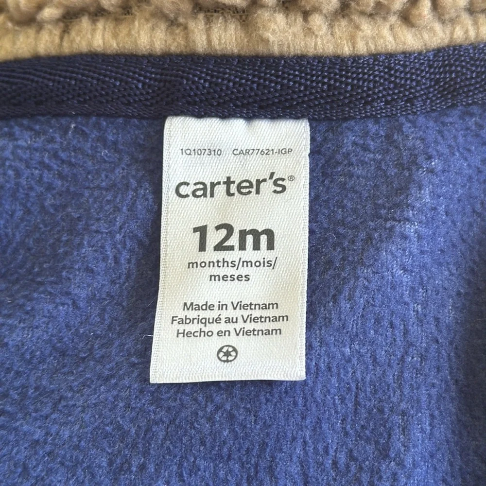 Carter’s blue fleece baby boy full zip Sherpa neckline fair isle vest size 12M